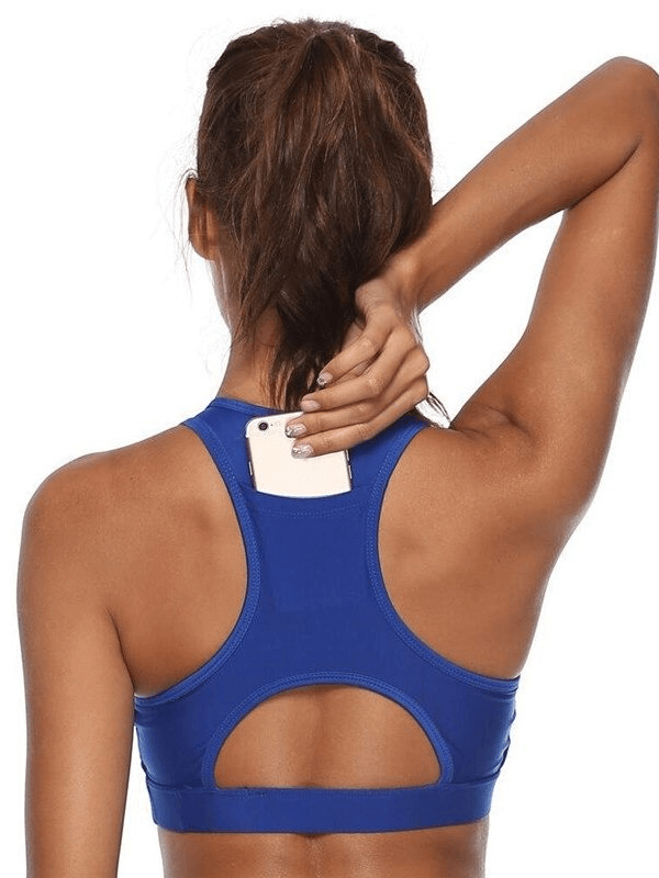 Back view of woman wearing blue elastic sports bra with pocket holding a phone, perfect for fitness, enhancing style and functionality - SF0502